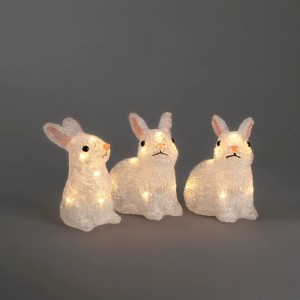 Set aus 3 beleuchteten Acryl-Kaninchenfiguren mit warmweißen LEDs. Ideal als Weihnachtsdekoration für den Außenbereich.