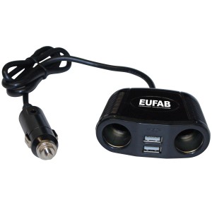 Schwarze Doppelsteckdose 12V mit Kabel, USB-Anschlüssen für Autoelektrik.