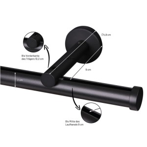 Schwarze Gardinenstange Innenlauf mit Kappe und Wandhalterung. Details: 20mm Ø, 9cm Wandabstand. Für Dekoartikel.