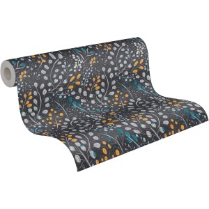 A.S. Création Vliestapete Blumen in Schwarz und Orange mit floralem Muster.