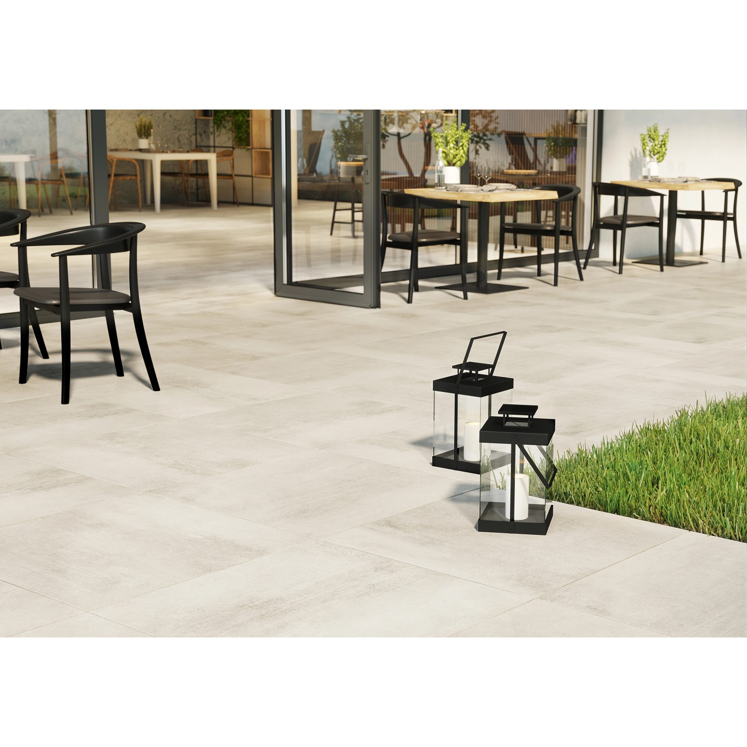 Cersanit Grava Terrassenplatten in Lichtgrau, Feinsteinzeug, im Außenbereich verlegt.