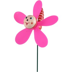Pinke Deko-Libelle mit Windrad als Gartenstecker, 47 cm hoch.