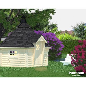 Palmako Grillkota Eva aus Holz, 376x326cm, mit schwarzem Dach im Garten.