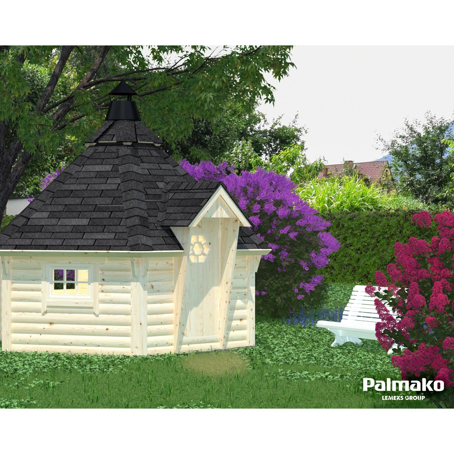 Palmako Grillkota Eva aus Holz, 376x326cm, mit schwarzem Dach im Garten.