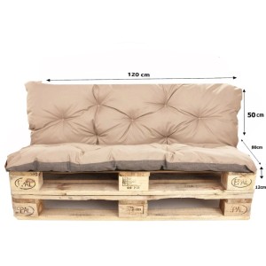 Beiges Palettenkissen Set mit Sitz- und Rückenkissen, 120x80x50cm, auf Holzpaletten für Garten & Terrasse.