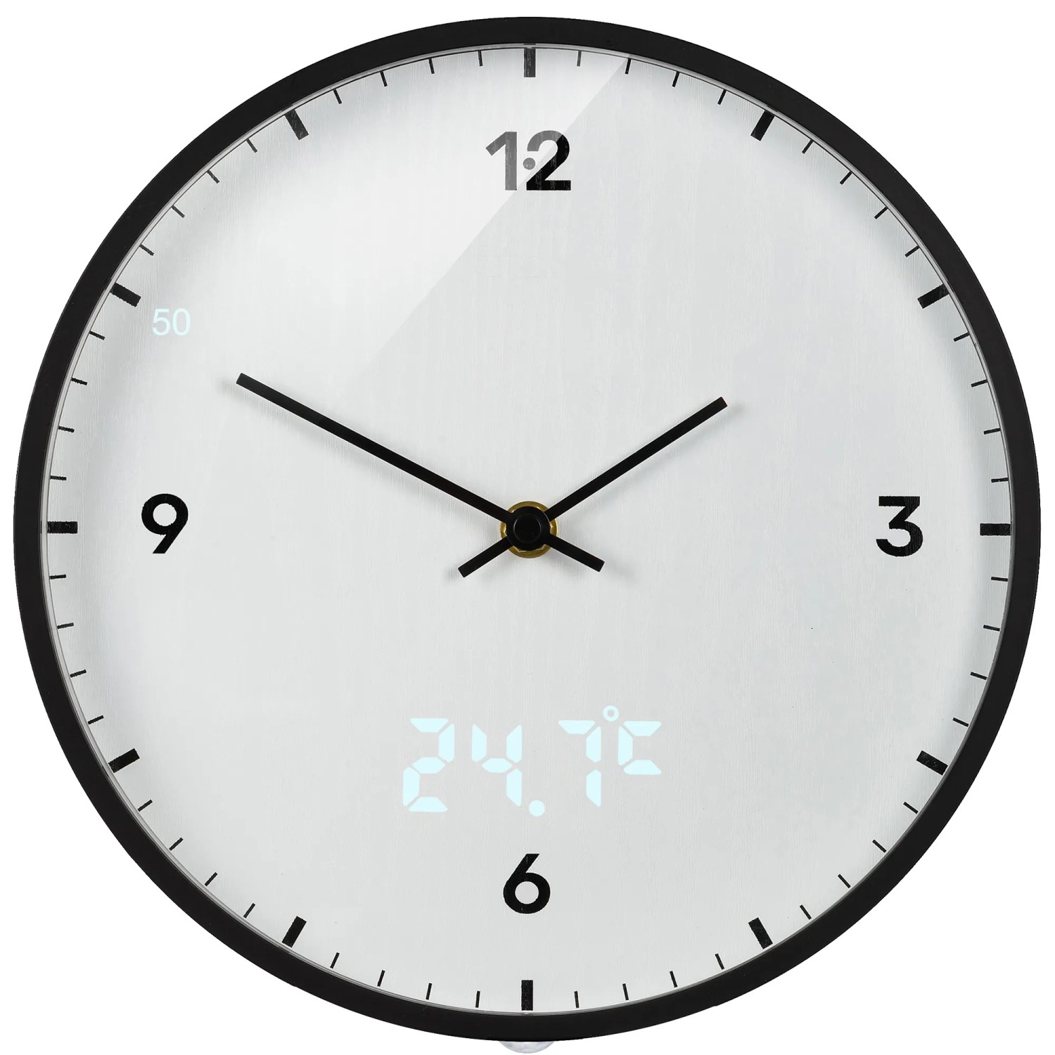 Weiße Bresser Wanduhr MyTime (Ø 24cm) mit LED-Sekunden- und Temperaturanzeige.