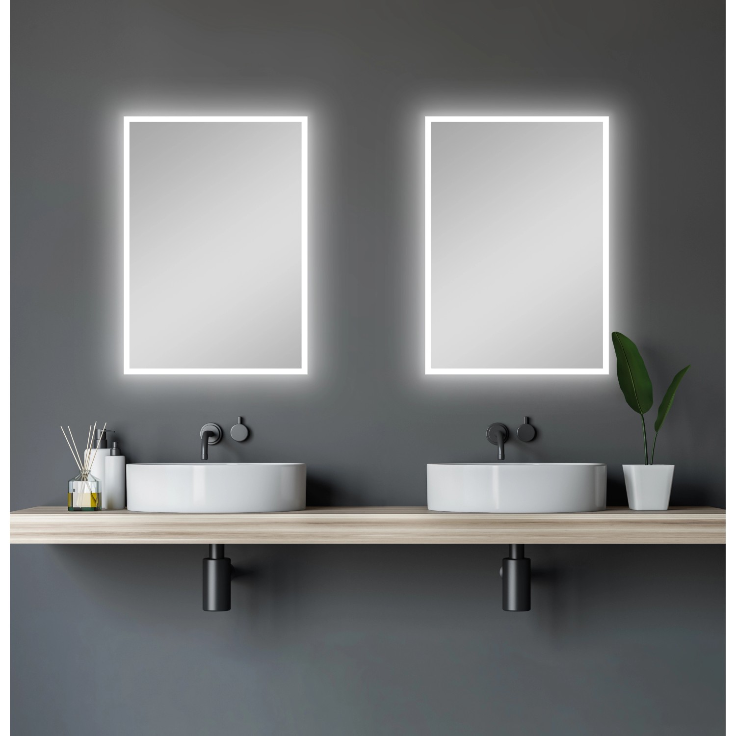 DSK LED-Lichtspiegel Silver Mare, 50x70 cm, mit umlaufender Beleuchtung im modernen Badezimmer.