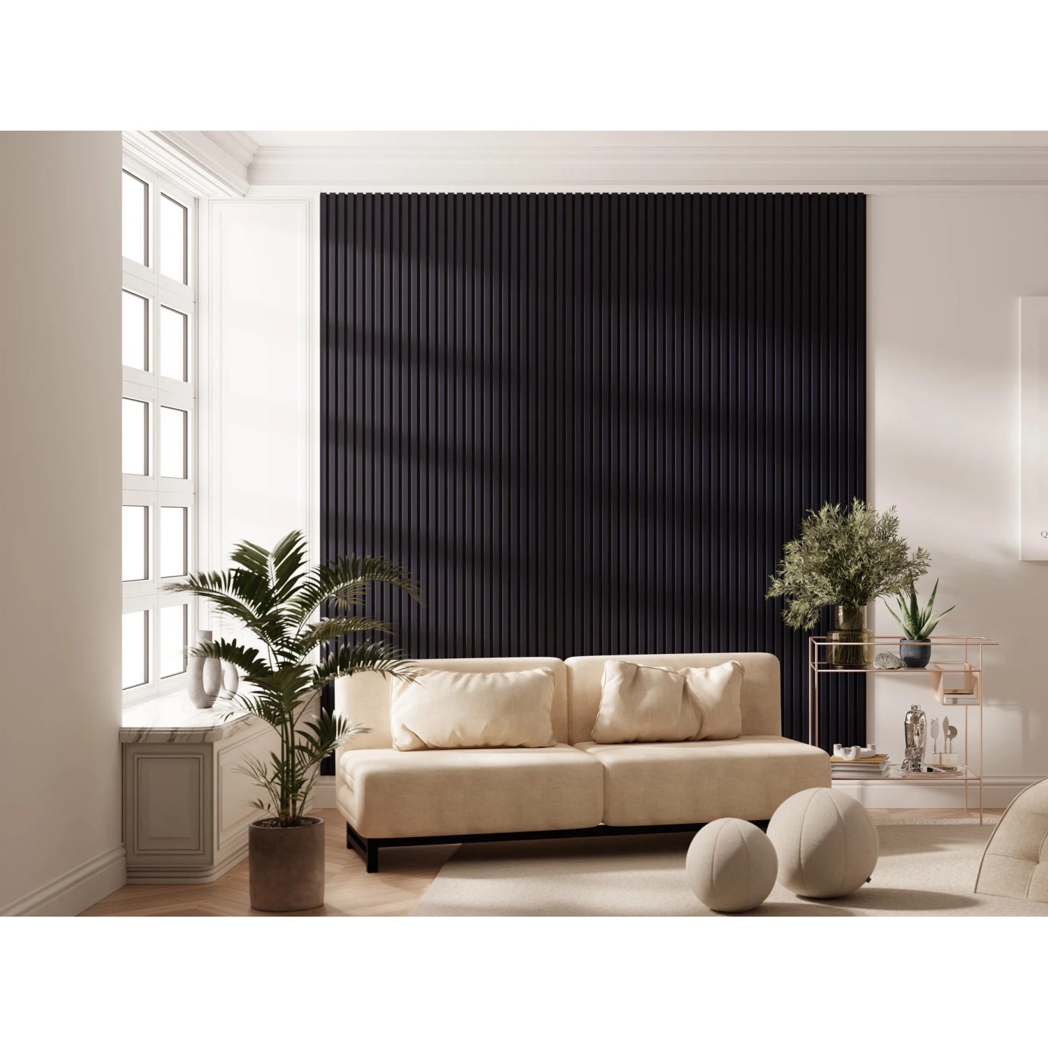 Akustikpaneel in Indigoblau mit schwarzem Filz, 32x240cm, 2er-Set, zur Wand- und Deckenverkleidung.