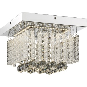 Quadratische LED-Deckenleuchte MATHILDA in Chrom mit Glasstäben und Kristallen.