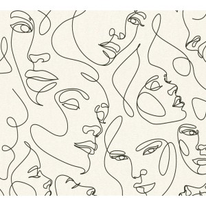 Weiße Vliestapete mit modernem Fine Line Gesichter-Muster in Schwarz. Dekorative Tapete mit abstraktem Kunstmotiv.