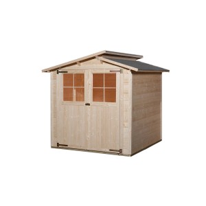 Unbehandeltes Weka Holz-Gartenhaus 323 mit versetztem Satteldach und Doppeltür.