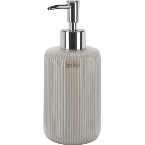 Grauer baliv Seifenspender mit Rillenstruktur aus Keramik und silberfarbenem Pumpkopf.