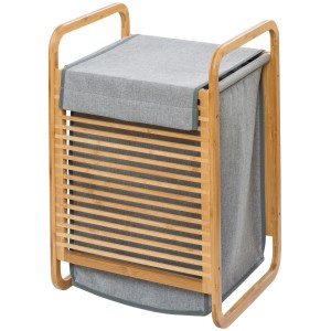 Wenko Wäschetruhe Bahari aus Bambus mit grauem Wäschesack und Deckel, 43 Liter Fassungsvermögen.