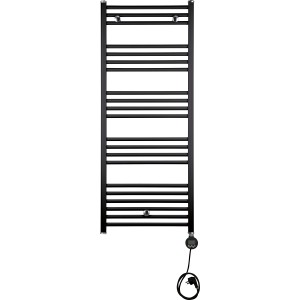 Schwarzer, elektrischer Badheizkörper Winterberg, 600 W, 120x60 cm, mit horizontalen Heizstäben.