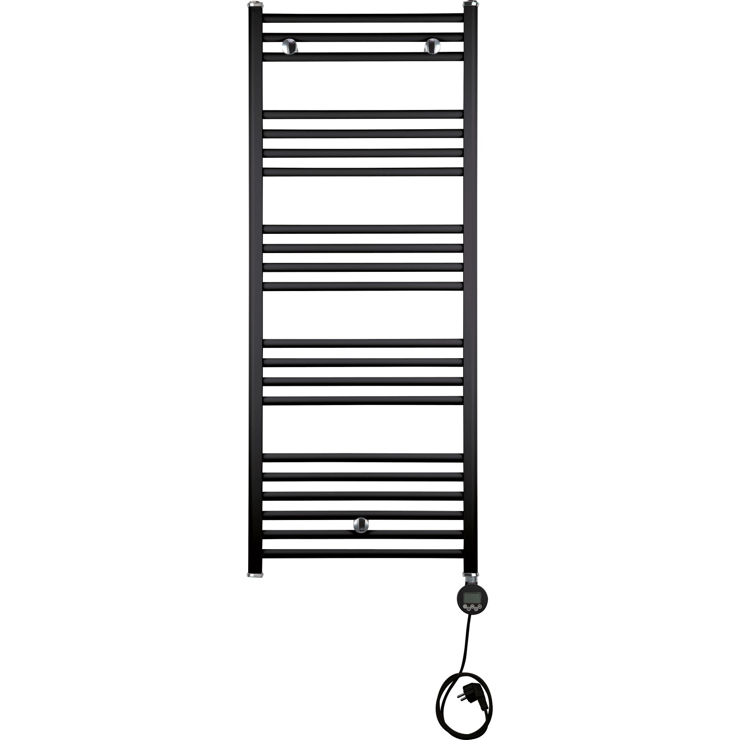 Schwarzer, elektrischer Badheizkörper Winterberg, 600 W, 120x60 cm, mit horizontalen Heizstäben.