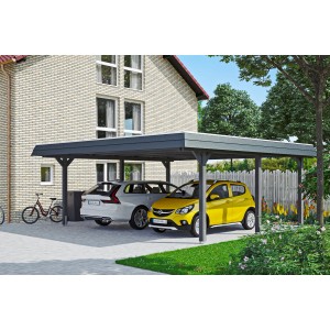 Skan Holz Doppelcarport Wendland in Schiefergrau mit zwei geparkten Autos vor einem Haus.