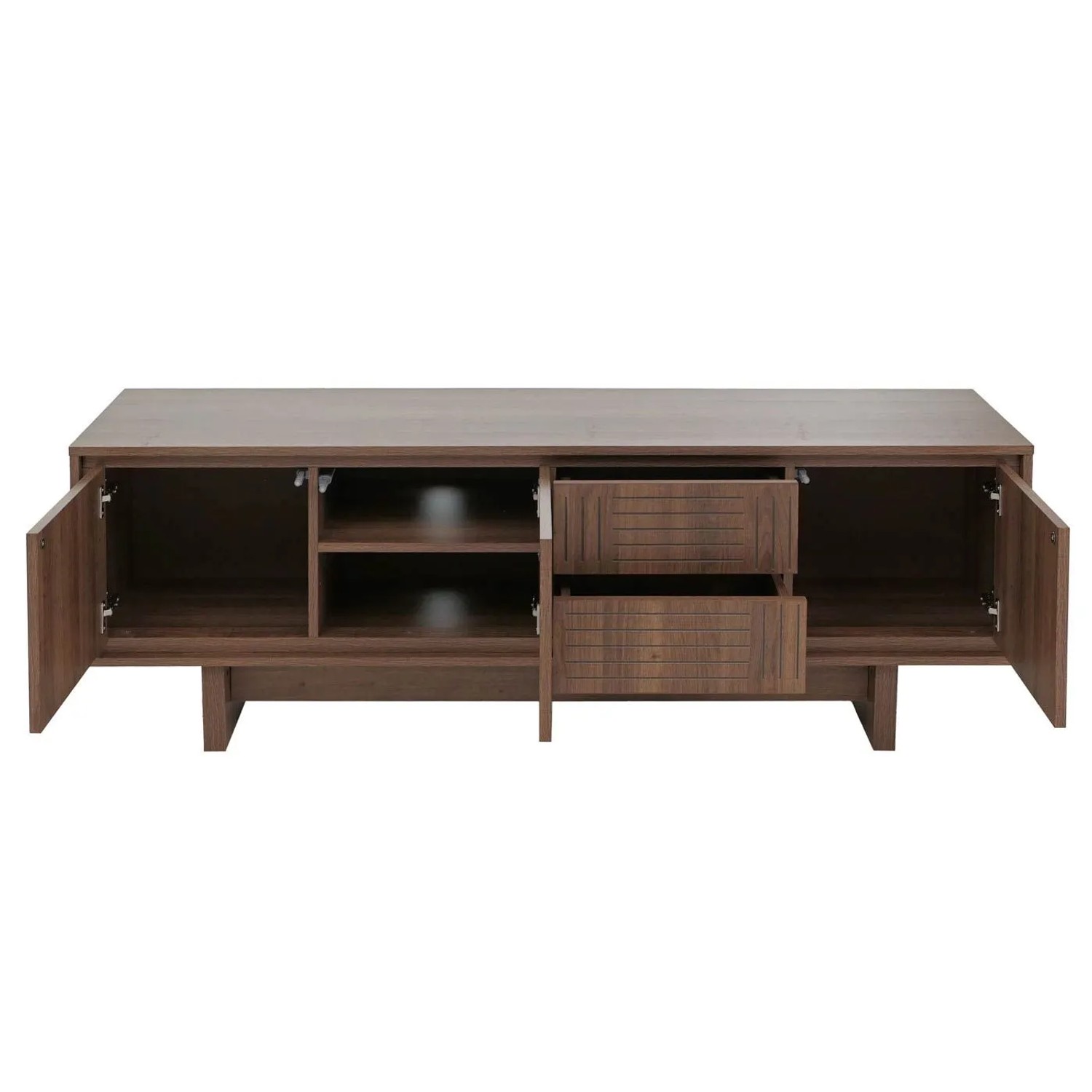 Braunes MCW TV-Rack O34 mit offenen Türen, Schubladen und Fächern für Stauraum. Melamin-Oberfläche.