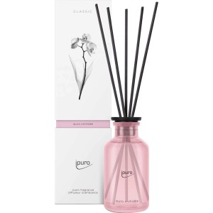 ipuro Raumduft Classic orchidée, 240 ml, in zartrosa Glasflasche mit Duftstäbchen und Verpackung.