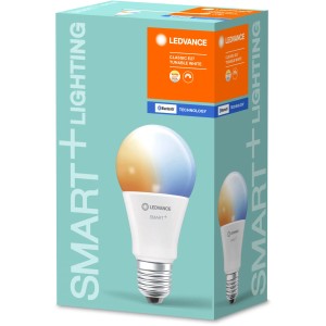 Ledvance Smart+ Bluetooth LED-Lampe, Kolbenform, E27, tunable white, auf Verpackung.