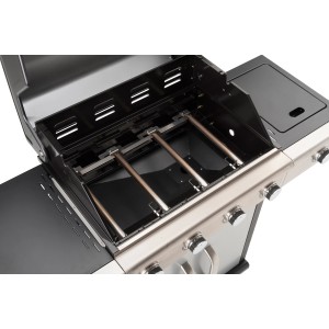 Landmann Gasgrill Triton PTS 4.1, silber, mit 4 Brennern und Seitenbrenner, Grill geöffnet.