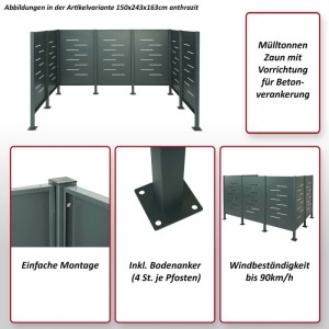 MCW Mülltonnenzaun J55 aus Metall, Edelstahloptik, 150x243x163cm, Silber