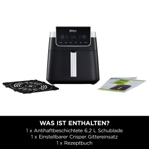 Ninja Heißluftfritteuse Max Pro AF180EU (6,2 l) mit Zubehör: Schublade, Crisper-Einsatz und Rezeptbuch.