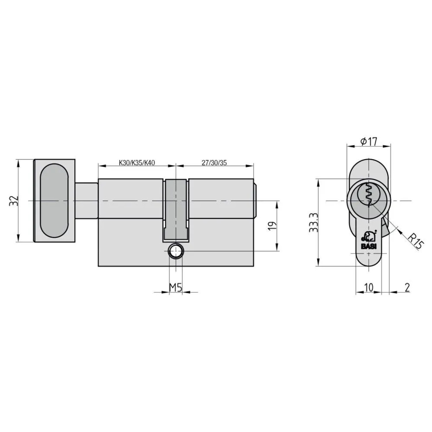 Technische Zeichnung des Basi V50 Profil Knaufkurzzylinders K35/27 mm mit Drehknauf und Maßen.