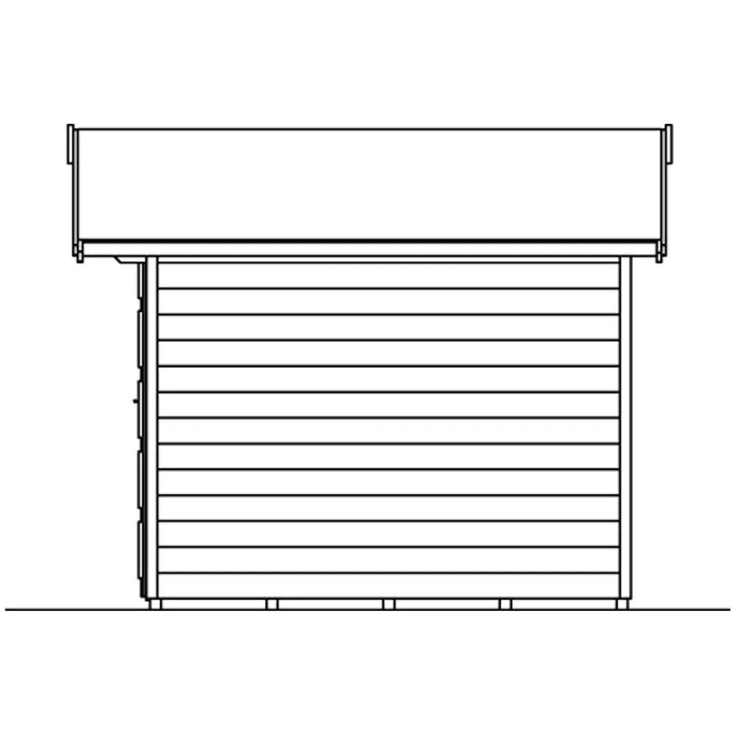 Skizze eines Holz-Gartenhauses Delft, 250x250 cm, unbehandeltes Holz, Seitenansicht.