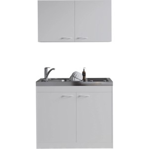 Respekta Miniküche Levin 100 cm mit Glaskeramikkochfeld und Oberschrank, weiße Fronten.