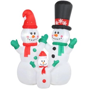 Outsunny aufblasbare Schneemannfamilie, 180 cm, mit LED-Lichtern. Festliche Weihnachtsdekoration aus weißem Polyester, rot/grün.