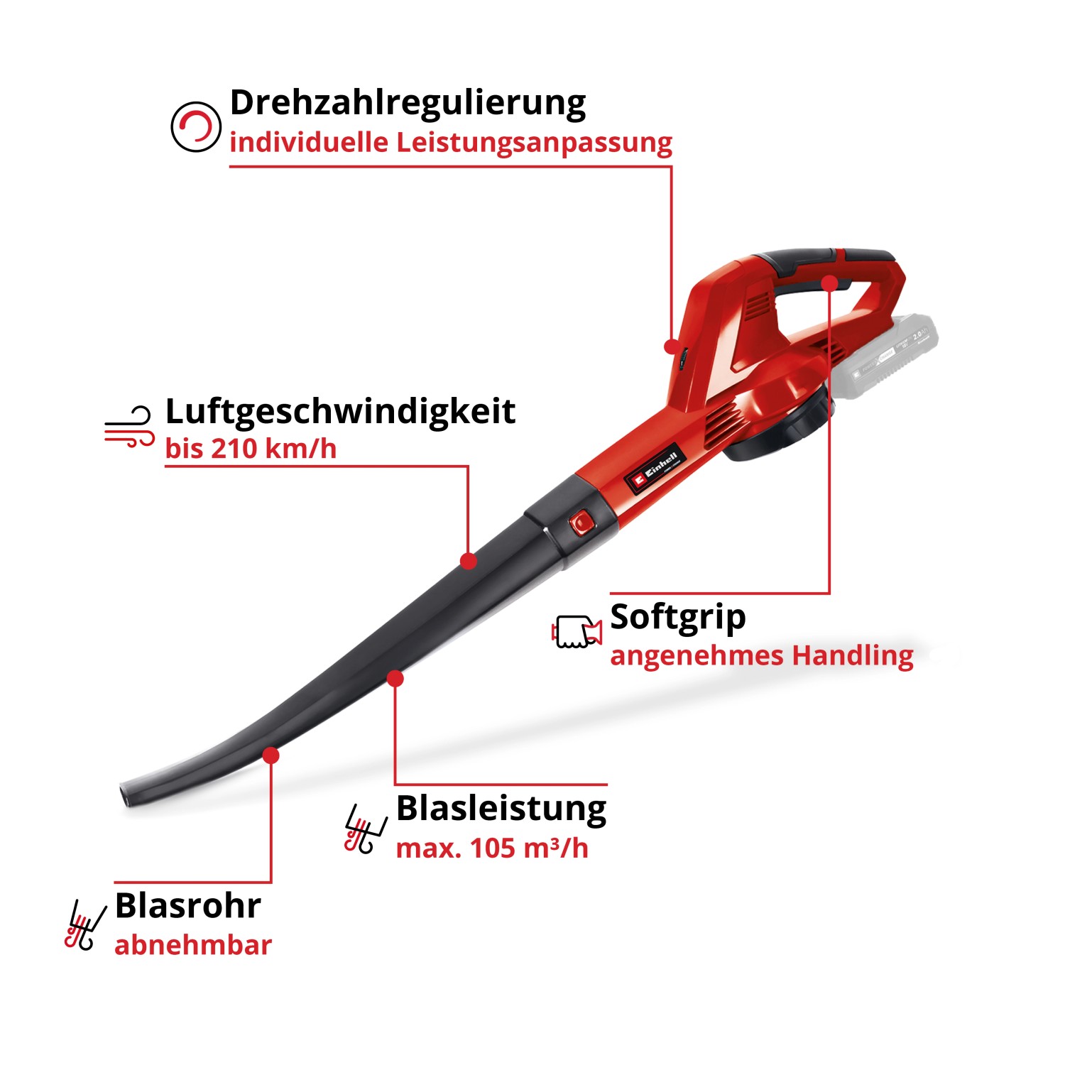 Einhell Akku-Laubbläser GC-CL 18 Li E Solo (18V): Roter Laubsauger mit abnehmbarem Blasrohr.