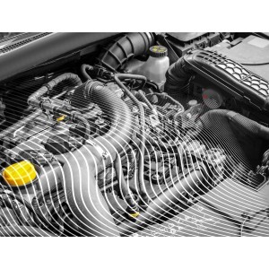 Marder Schreck Ultraschallgerät im Motorraum mit stilisierter Schallwelle zur Marderabwehr.