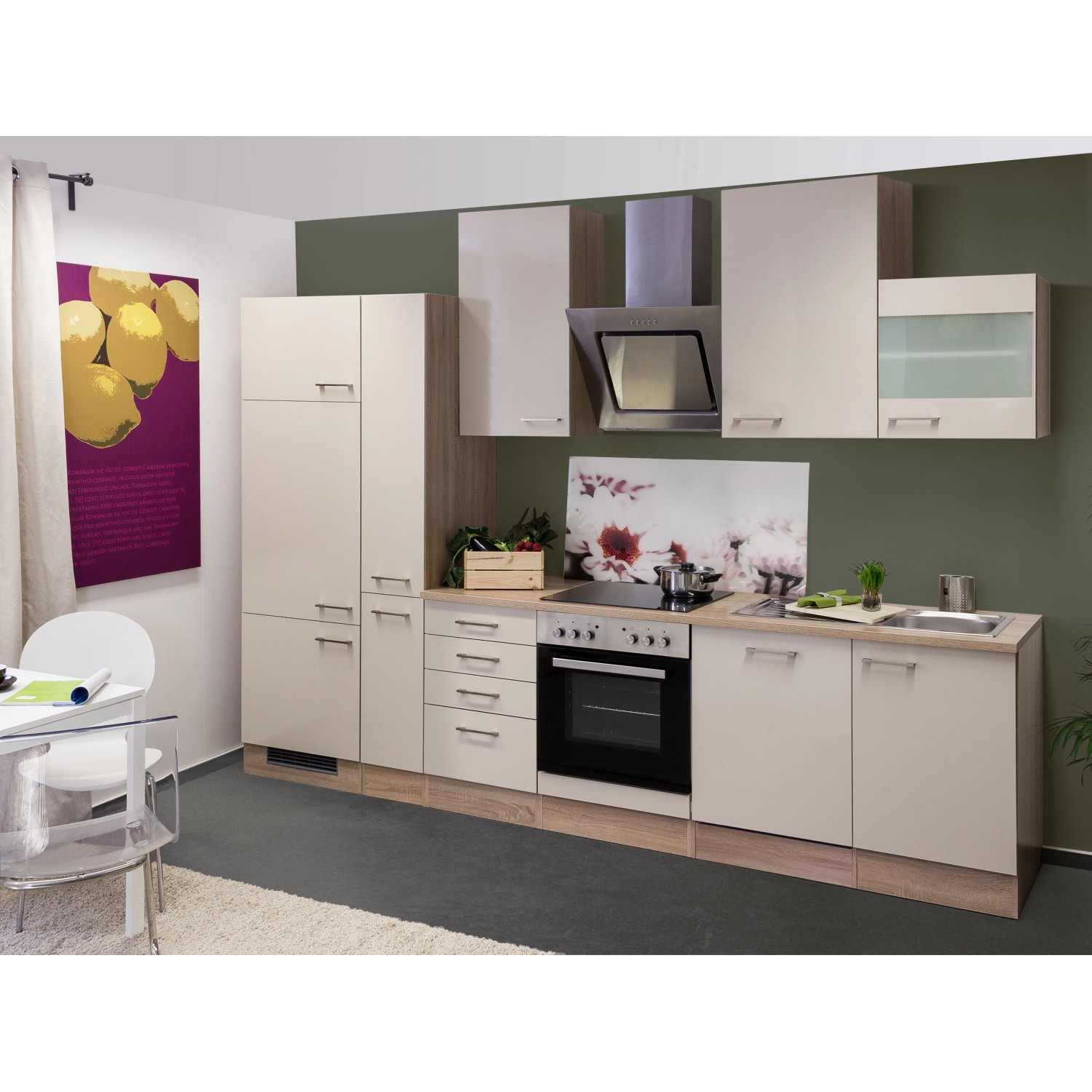 Flex-Well Küchenzeile Orlando in Kaschmir Glanz und Sonoma Eiche mit E-Geräten.