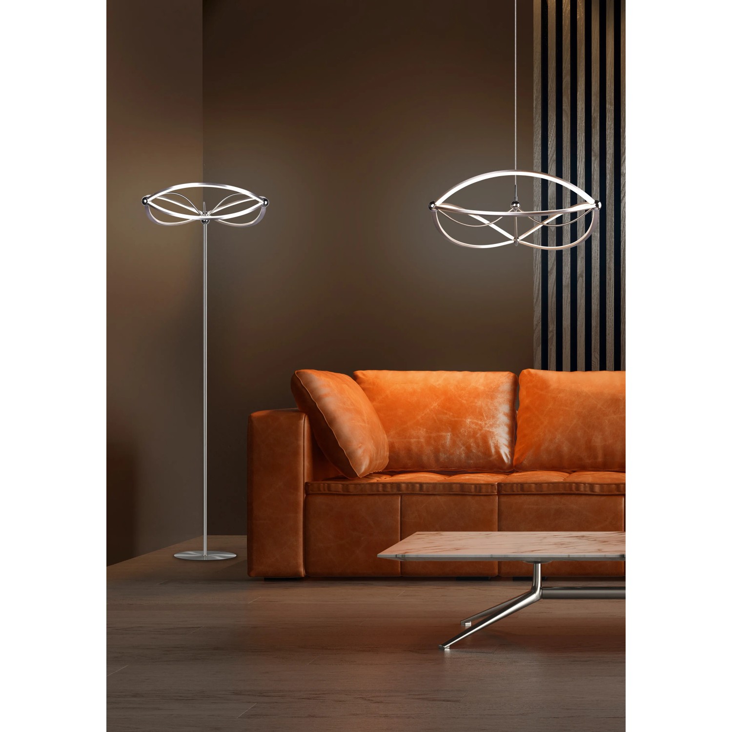 Moderne Trio LED Pendelleuchte Charivari in Nickel matt über Esstisch und als Stehleuchte im Wohnzimmer.