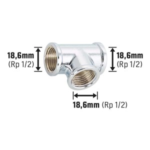 Verchromtes Messing Gewinde-T-Stück 18,6 mm (Rp 1/2) für Heizung und Trinkwasserinstallation.