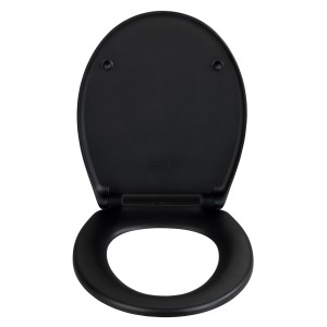 Schwarzer Wenko Premium WC-Sitz Ikaria mit Absenkautomatik aus Duroplast, geöffnet.