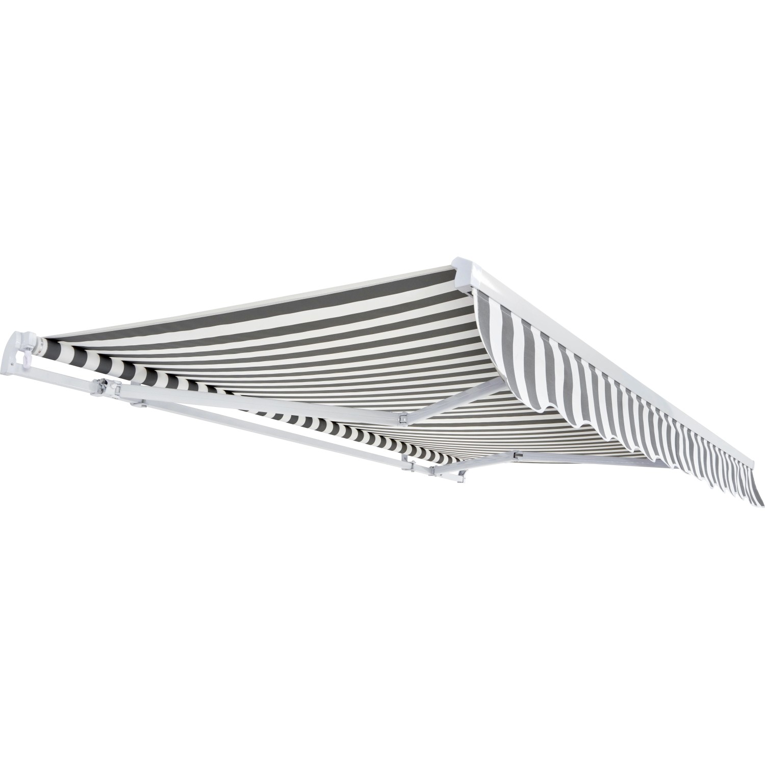 Gelenkarmmarkise Aventura Solar-LED 3x2m, grau-weiß gestreift, für Balkon und Terrasse.