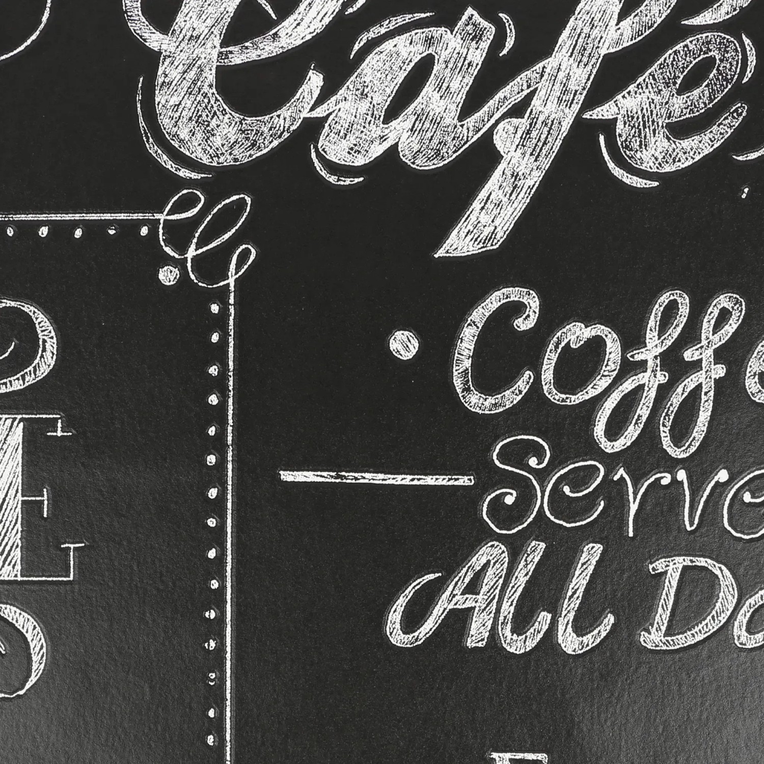 Detailansicht der Superfresco Easy Vliestapete Coffee Shop mit Kreide-Schrift auf schwarzem Grund.
