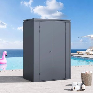 Anthrazitfarbener Weide Gartenschrank aus Stahl, wetterfest, neben Pool. Ideal für Ordnung im Garten.