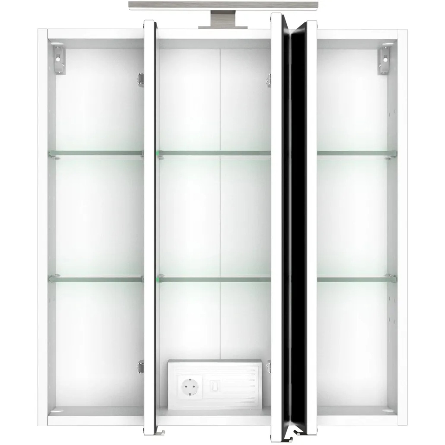 Offener, weißer Held Möbel 3D-Spiegelschrank Monza, 60 cm breit, mit Glasböden und Aufsatzleuchte.