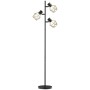 Schwarze Metall-Stehlampe mit 3 verstellbaren Leuchten und modernen, geometrischen Drahtschirmen. Ideal als Innenleuchte.