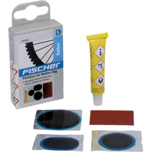 Fischer Flickbox Reifen 5-teilig: Set mit Flicken, Vulkanisierlösung und Schleifpapier zur Reifenreparatur.