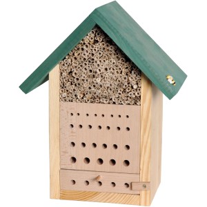 Insektenhotel aus Holz für Wildbienen und Grabwespen mit Beobachtungslade.