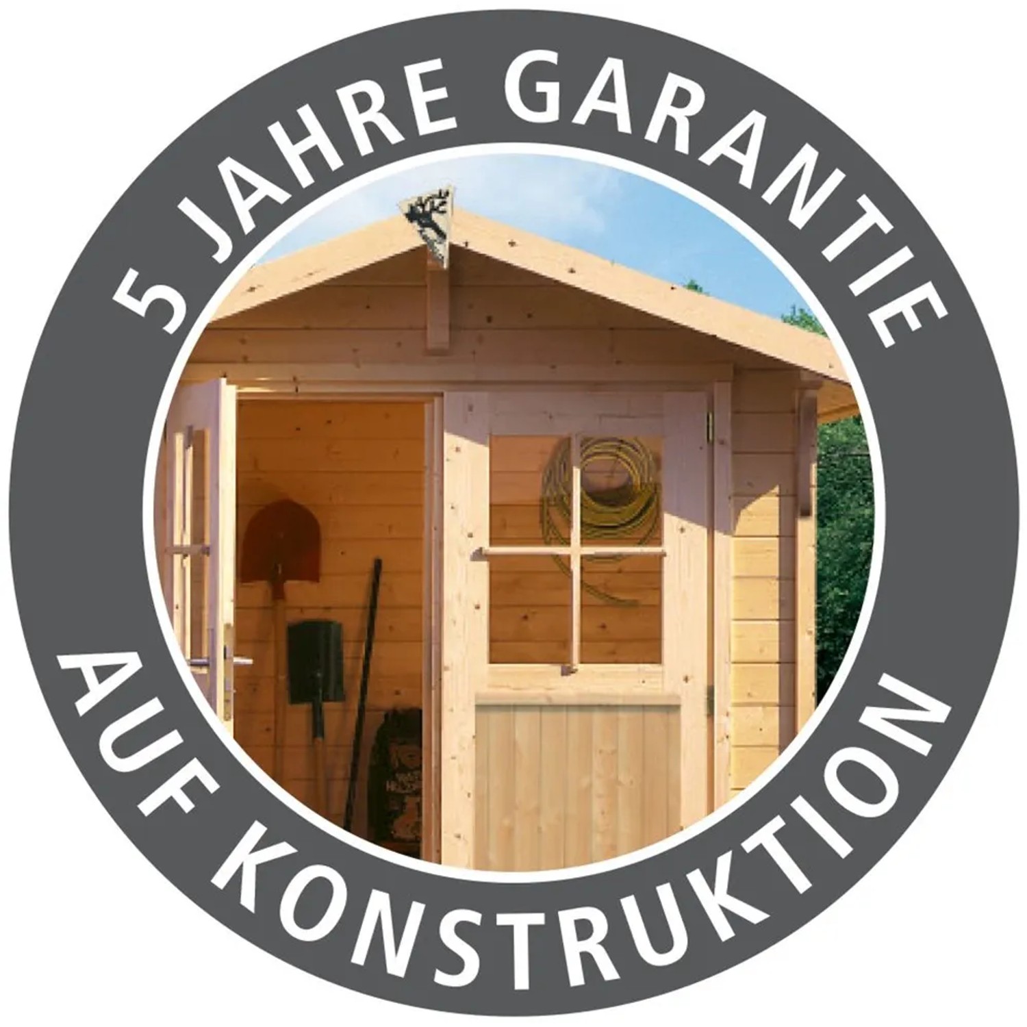 Karibu Pavillon Hedmark 1: Detailansicht mit Garantie-Siegel (5 Jahre auf Konstruktion).
