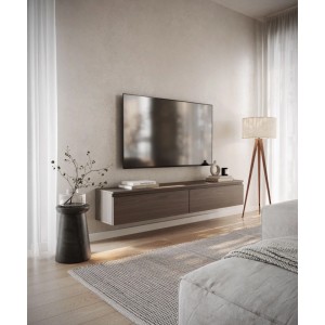 Selsey TV-Hängeboard Bemmi in Nussbaum-Holzoptik, schwebend unter TV im modernen Wohnzimmer. Zwei Fächer.