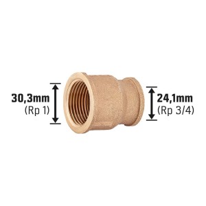 Gewinde-Reduziermuffe aus Rotguss, 24,1 mm (Rp 3/4) x 30,3 mm (Rp 1) für Sanitär- und Heizungsinstallation.