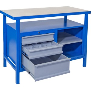 Güde Werkbank P 1200 SL in Grau-Blau mit Schubladen und Ablagefächern.