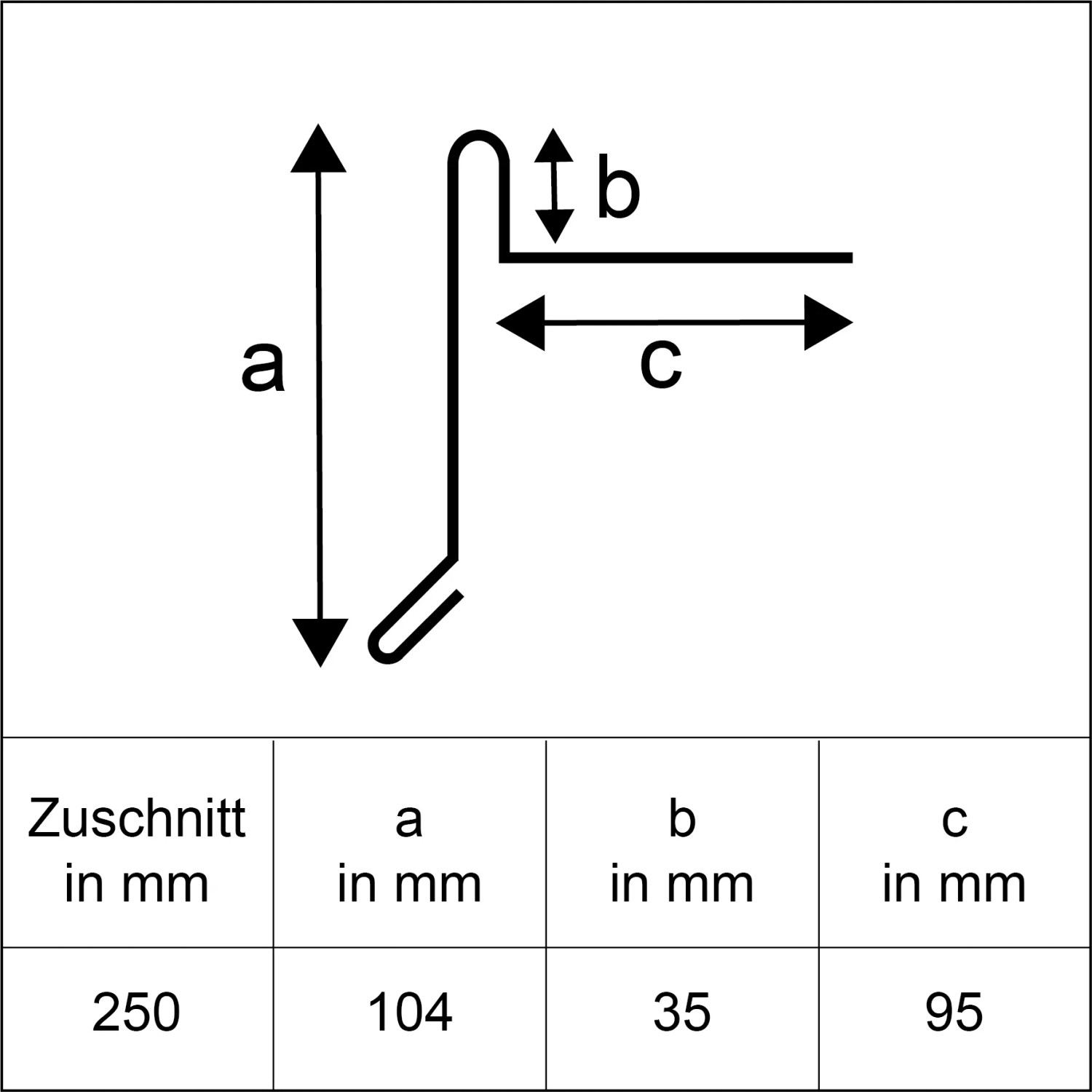 Skizze Ortblech Alu Natur 250x1000mm: Profilansicht mit Maßen a, b, c.