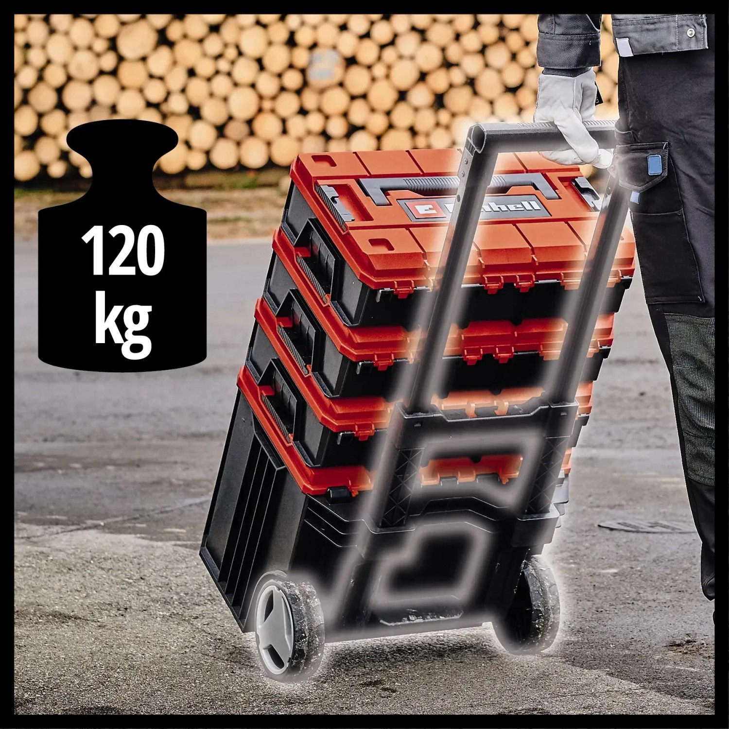 Einhell E-Case Tower Werkzeugkoffer-Set mit Rollen und Teleskopgriff, stapelbar und bis 120 kg belastbar.