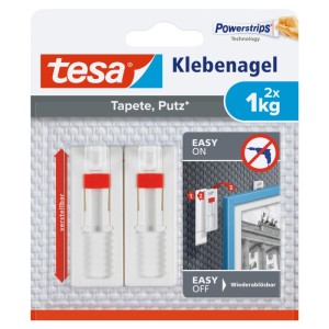Tesa Klebenagel verstellbar für Tapeten & Putz, 2 Stück, hält 1kg. Bohrerlos, spurlos ablösbar.